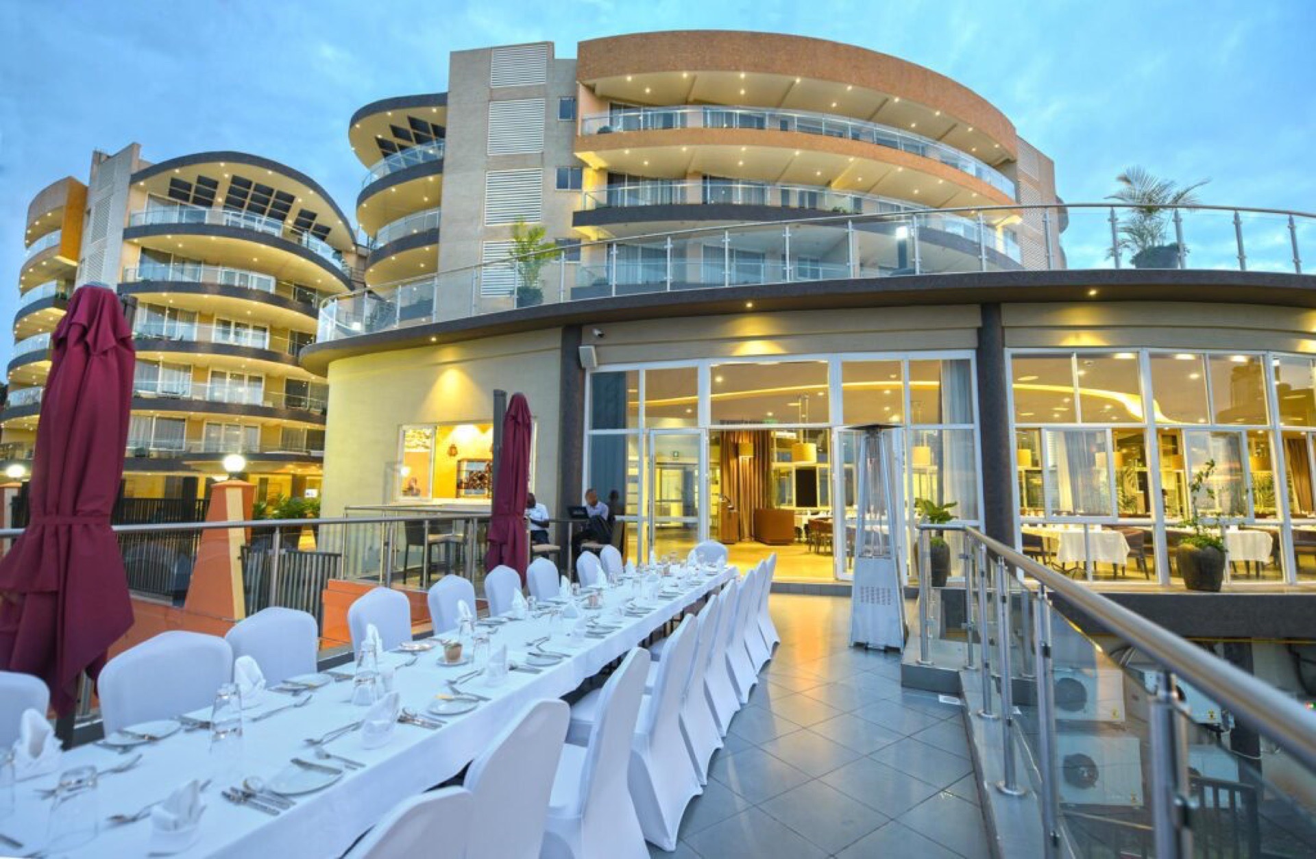 Aruba Terrace set for a banquet dinner at dusk