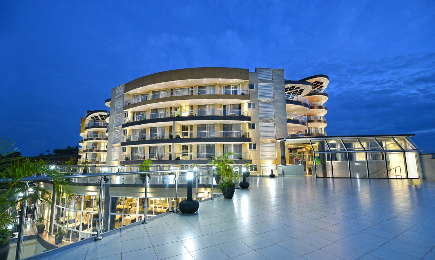 Skyz Hotel illuminated at night