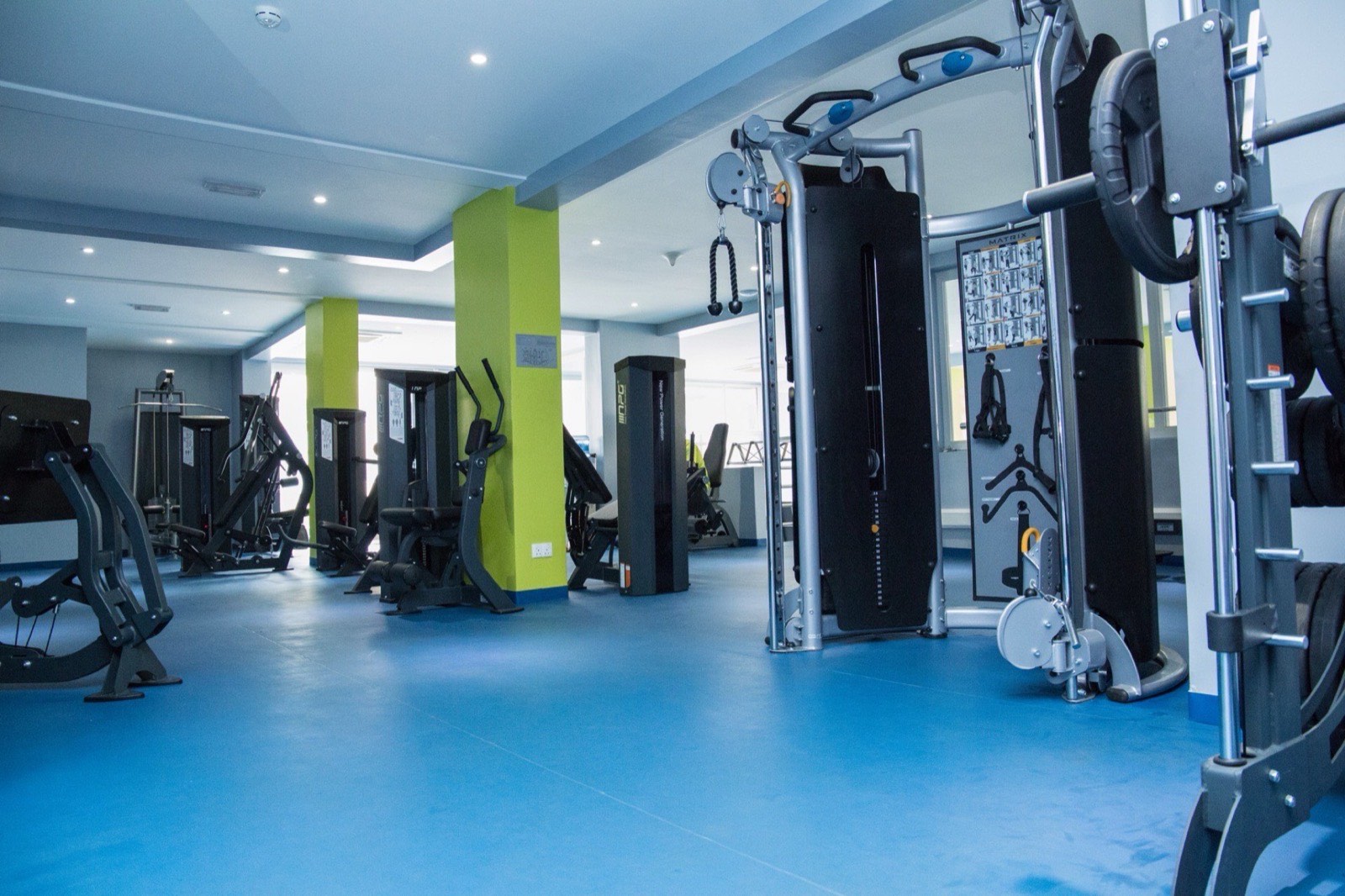 A row of treadmills beside the windows in the Skyz Gym
