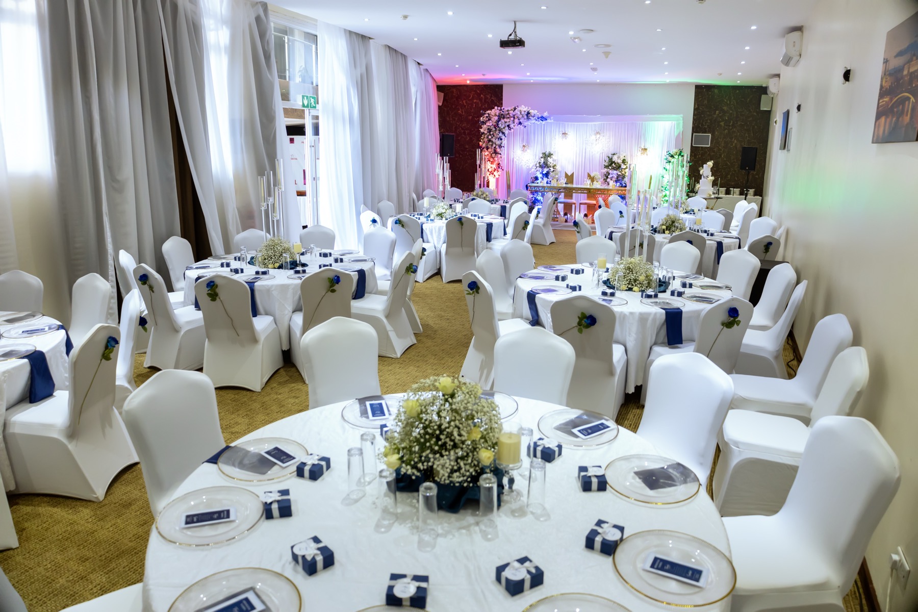 Kigali Hall set up for a wedding reception at Skyz Hotel Kampala