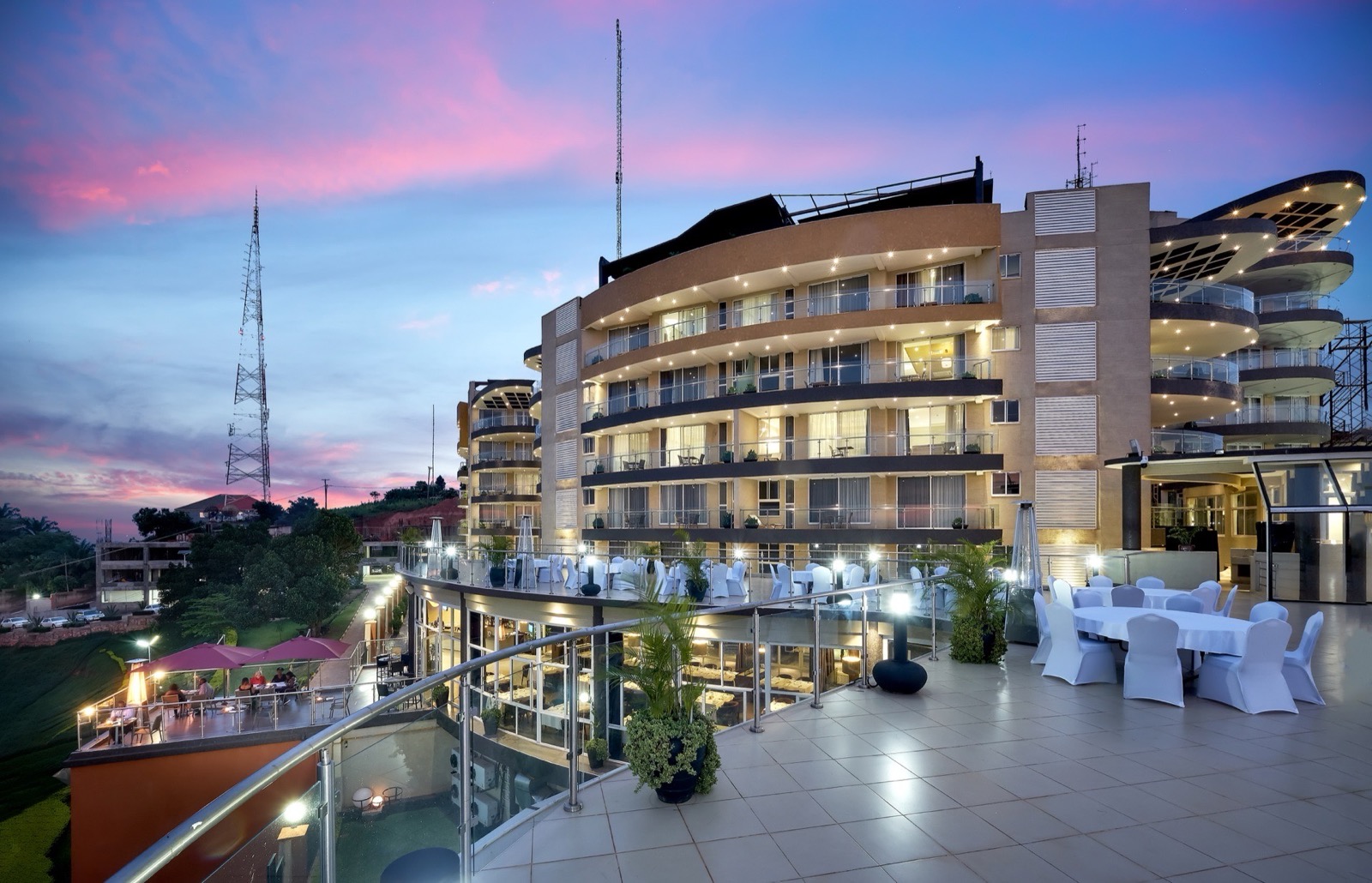 Skyz Deck rooftop terrace at dusk with sweeping panoramic views